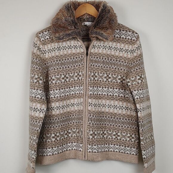 Susan Bristol Fair Isle Full Zip Faux Fur Collar Sweater Jacket Wool Size M - Picture 10 of 10